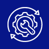 a white icon on a blue background showing a wrench and gear which symbolizes preventative maintenance