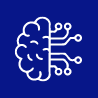 a white icon on a blue background showing a brain connected to wires symbolizing intelligent operations for machinery fleets